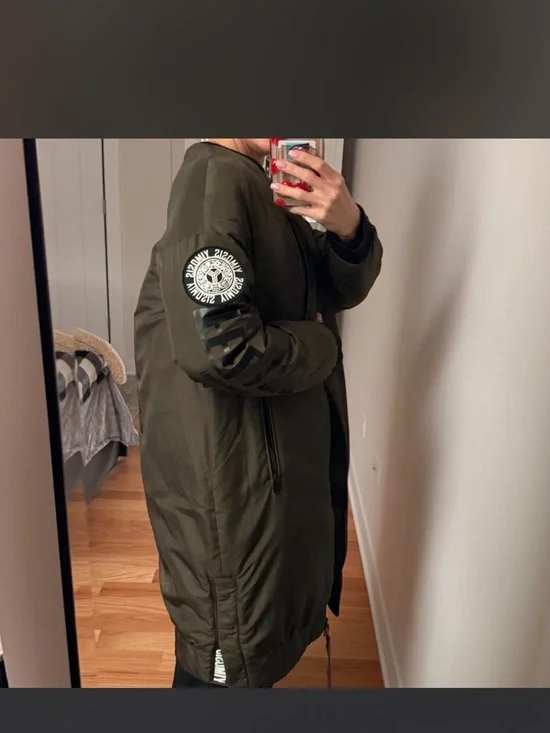 Olive Green Long Bomber Coat - Men's Quilted Jacket - Picture 6 of 6